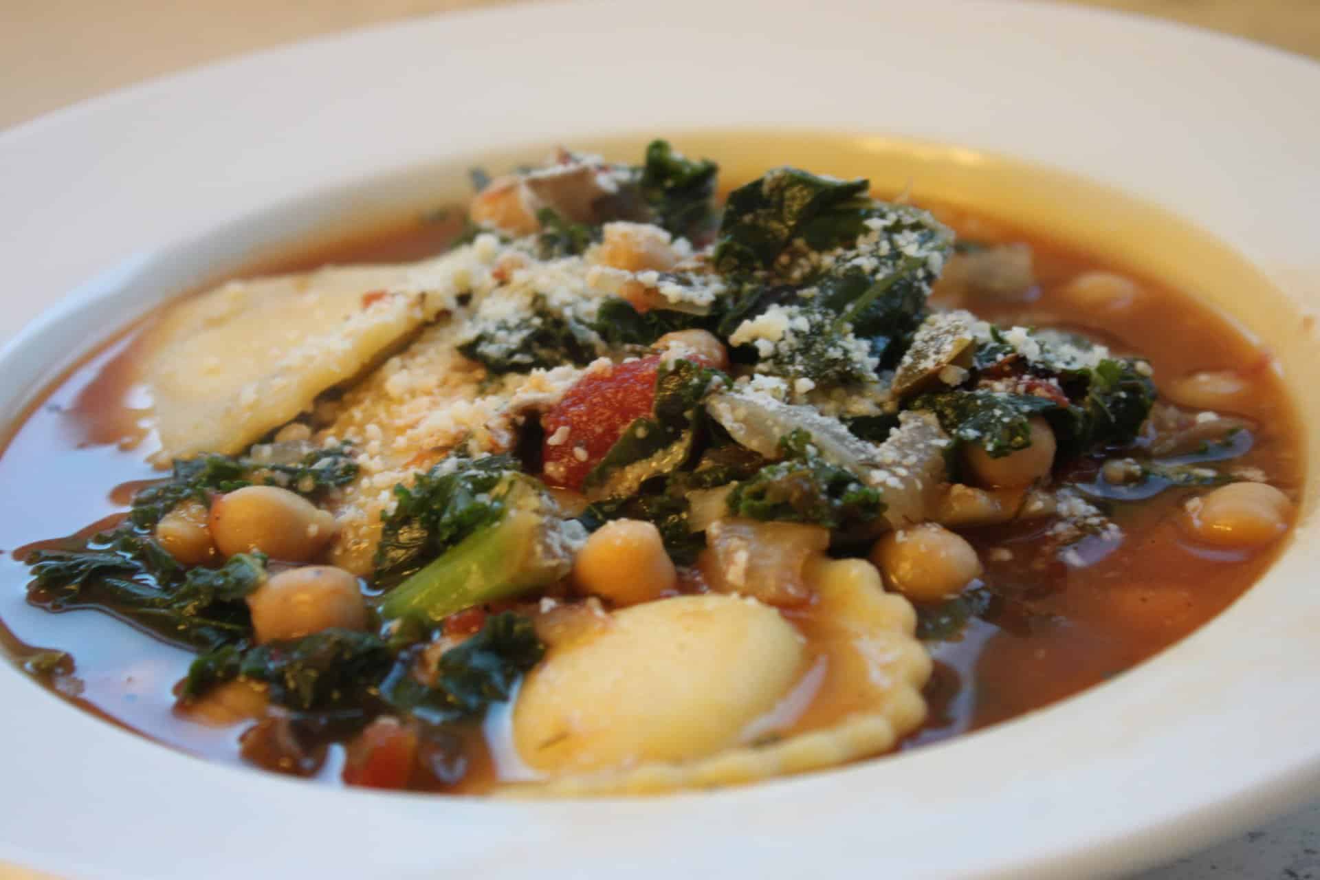 Irresistibly Delicious 4 Cheese Ravioli and Kale Soup Recipe 11 4 Cheese Ravioli and Kale Soup in a White Bowl