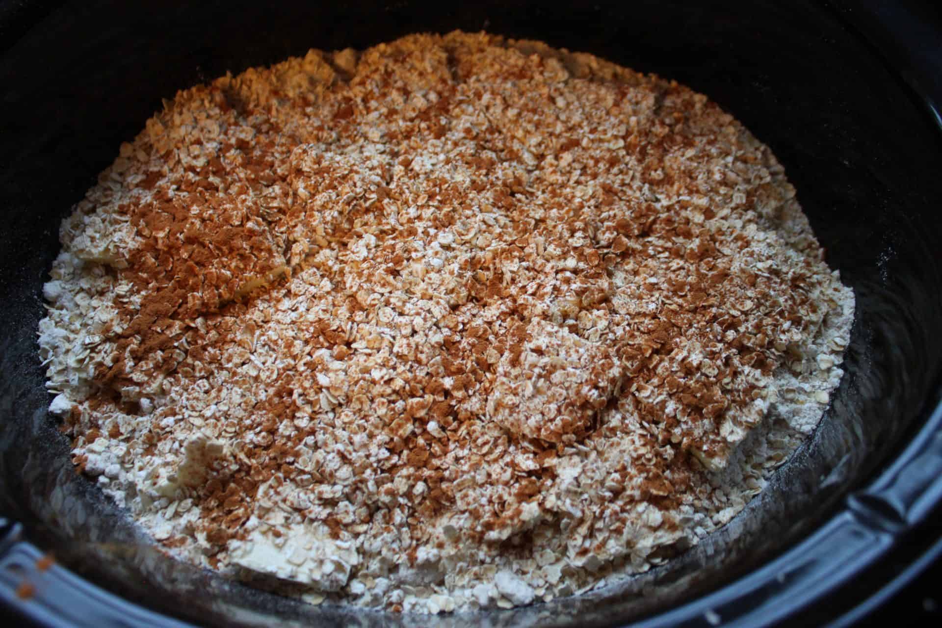 A dusting of oatmeal and cinnamon covers the top layer of cake mix, adding extra flavor and texture to the 3 Step Crockpot Apple Spice Cake.