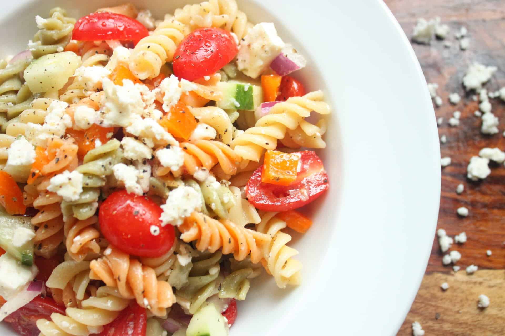 White Bowl of Greek Pasta Salad with Feta Cheese