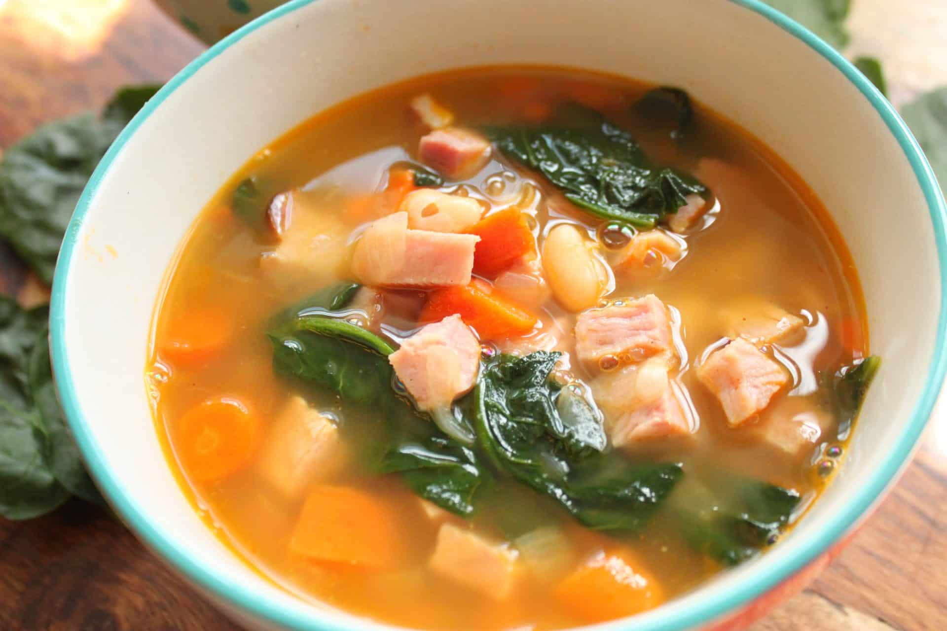 Revamp Easter Leftovers with Ham Spinach Cannellini Bean Soup 4 Bowl of Ham, Spinach, and Cannellini Bean Soup Sitting on a Wooden Cutting Board