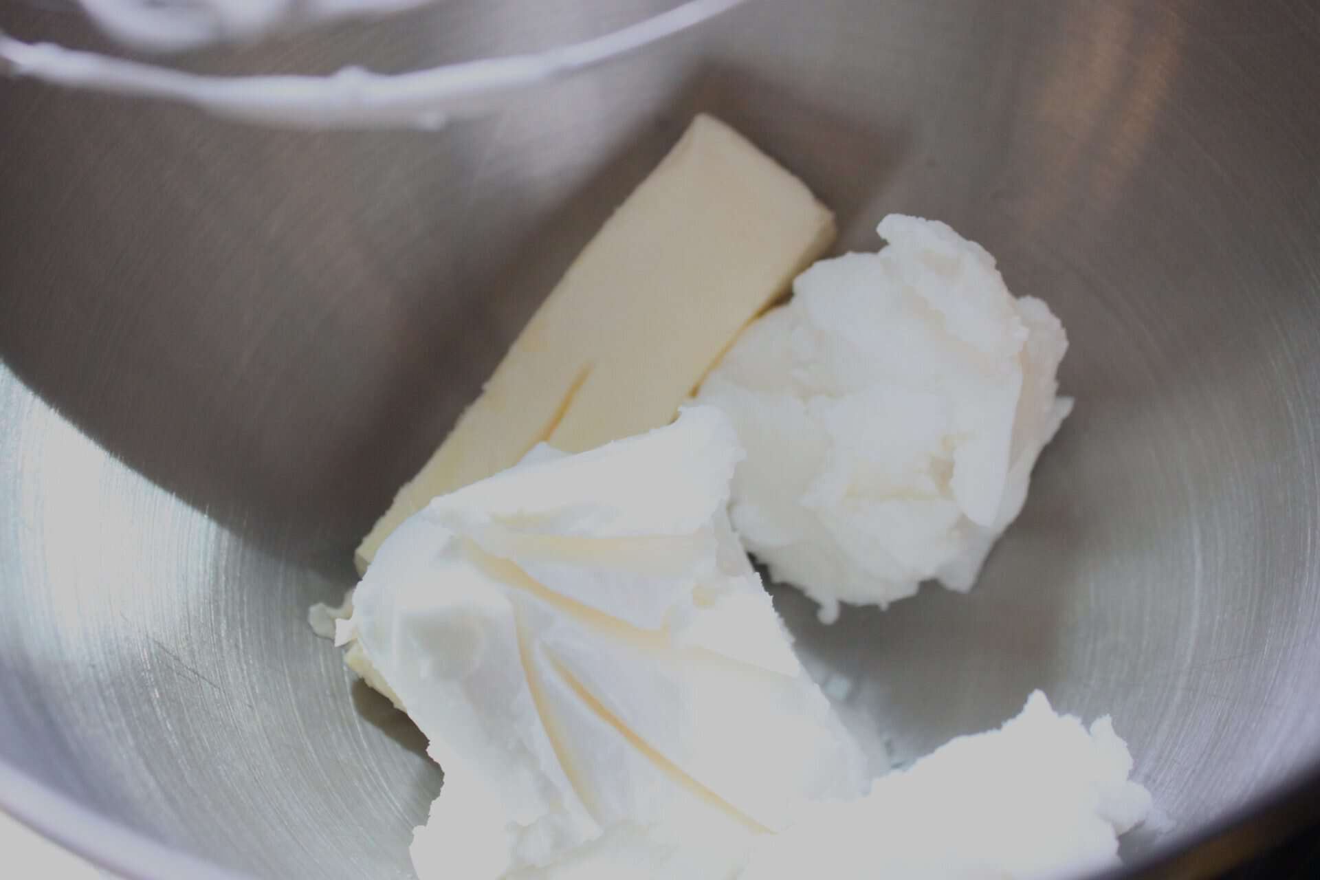 Butter and Shortening in a Stainless Steel Mixer Bowl