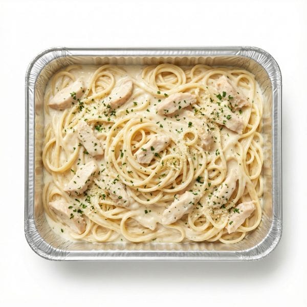 Chicken alfredo pasta with fettuccine noodles, creamy white sauce, and fresh parsley in aluminum takeout pan