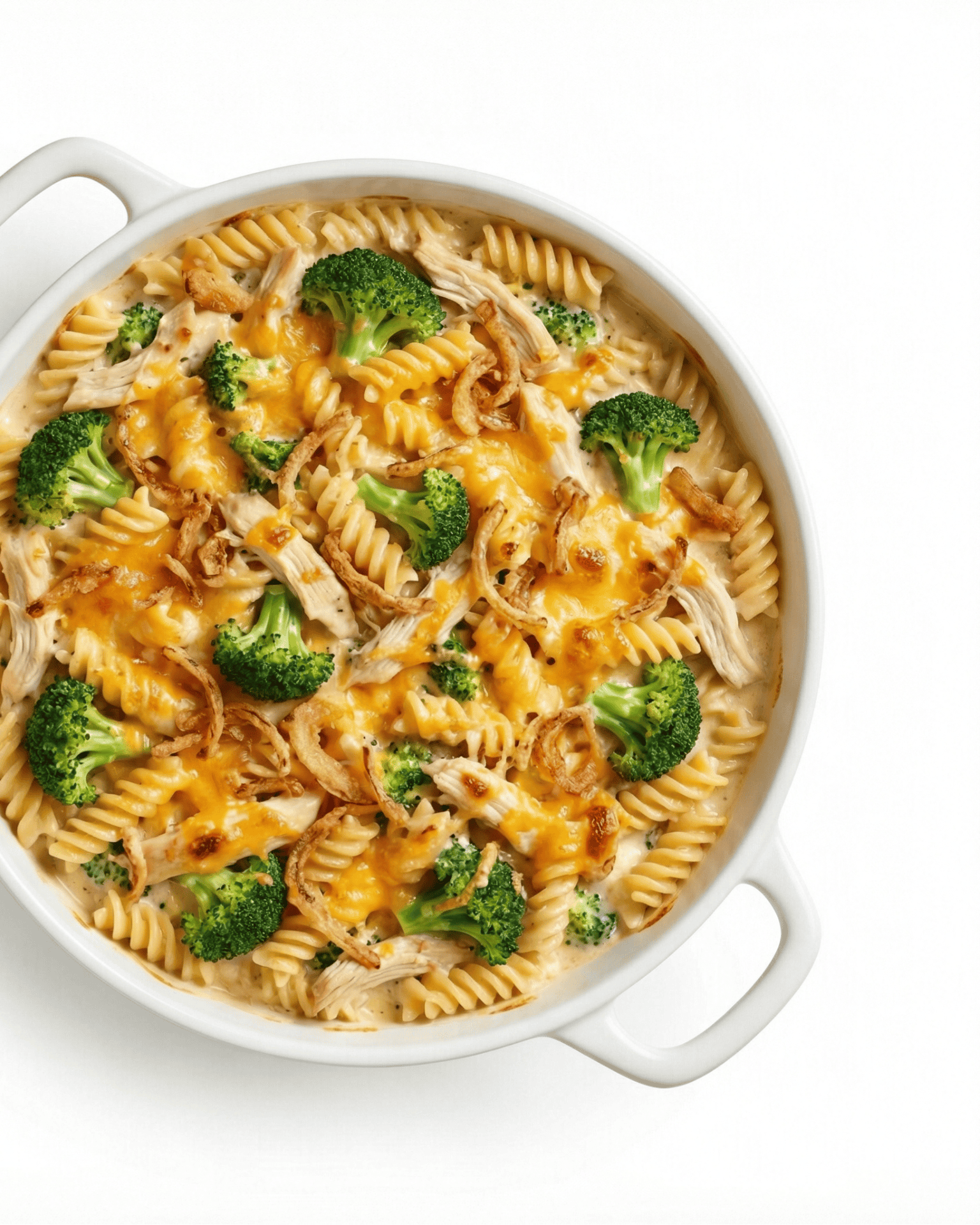 Chicken Broccoli CasseroleChicken broccoli pasta casserole with melted cheddar cheese, rotini noodles, and crispy onions in white baking dish