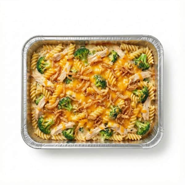 Chicken broccoli pasta casserole with melted cheddar, rotini, crispy onions, and broccoli in aluminum foil takeout pan