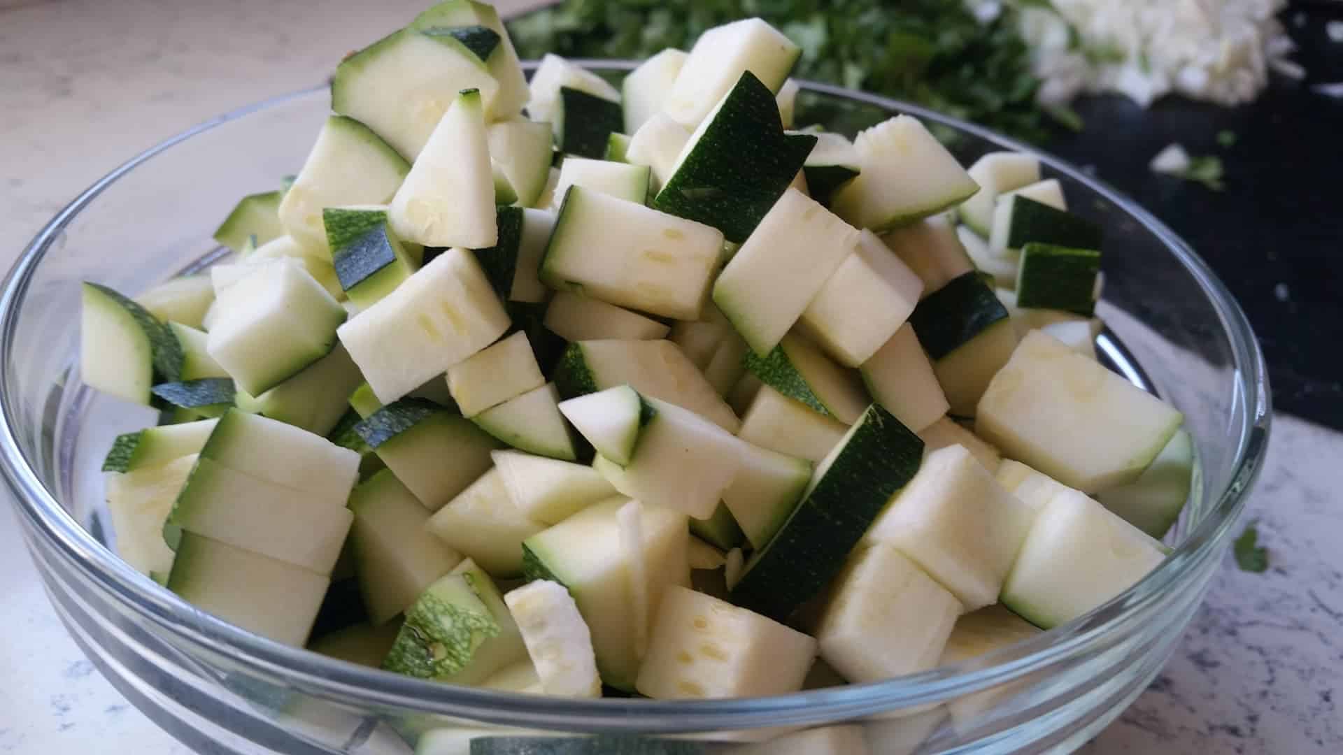 Chopped Zucchini in a Large Glass Bowl