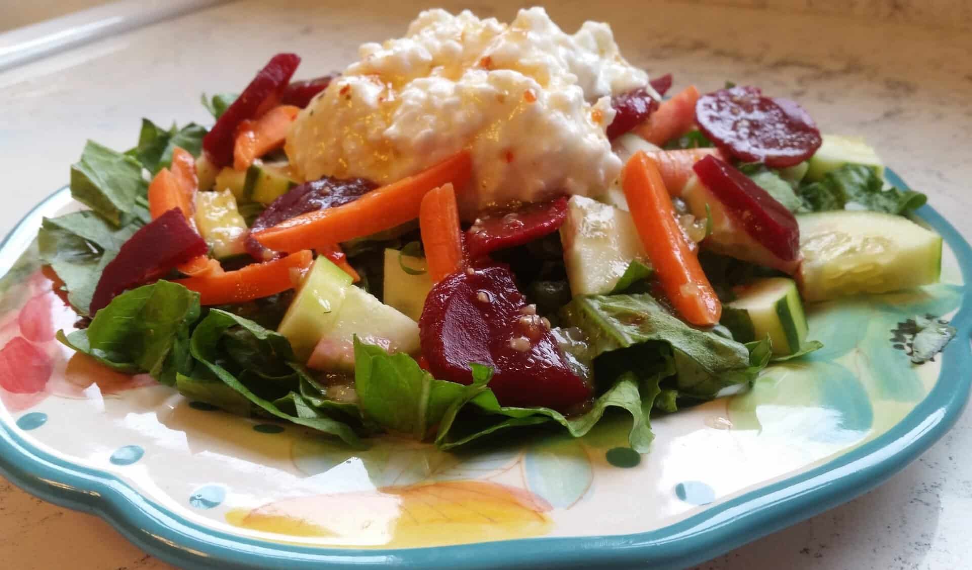 5-Minute Cottage Cheese and Beet Salad for a Delicious Lunch Fix 5 Close up of Cottage Cheese and Beet Salad on a Plate