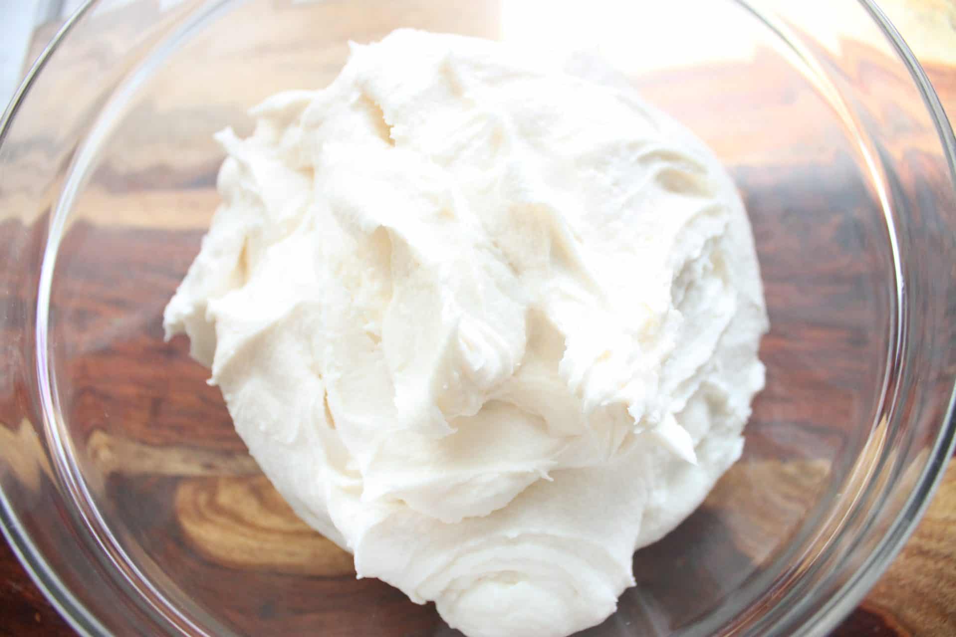 Cream Cheese Frosting in a Large Glass Bowl