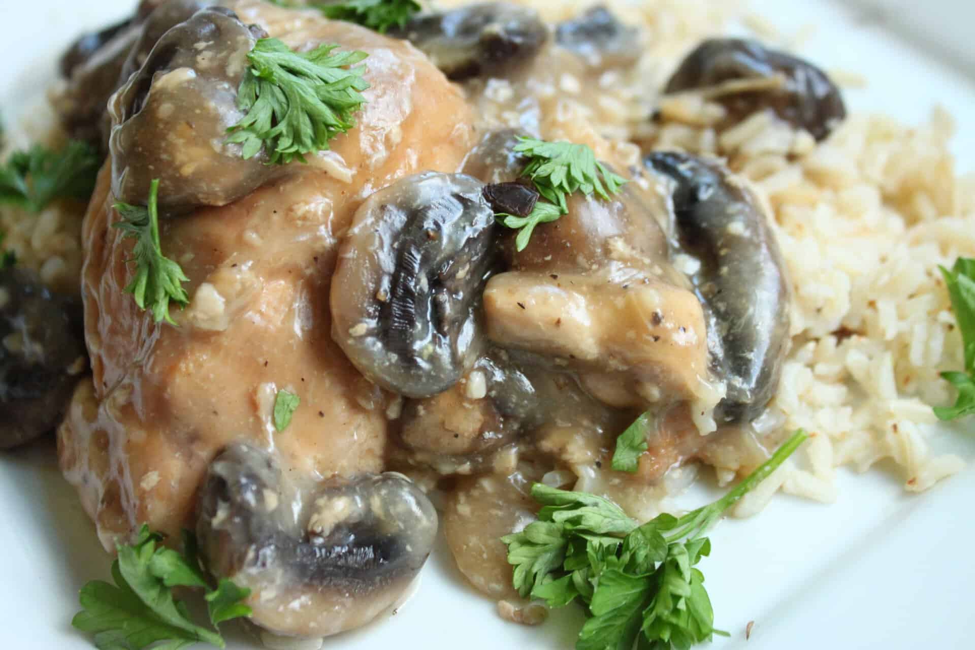 Crockpot White Wine Chicken and Mushrooms Garnished with Parsley