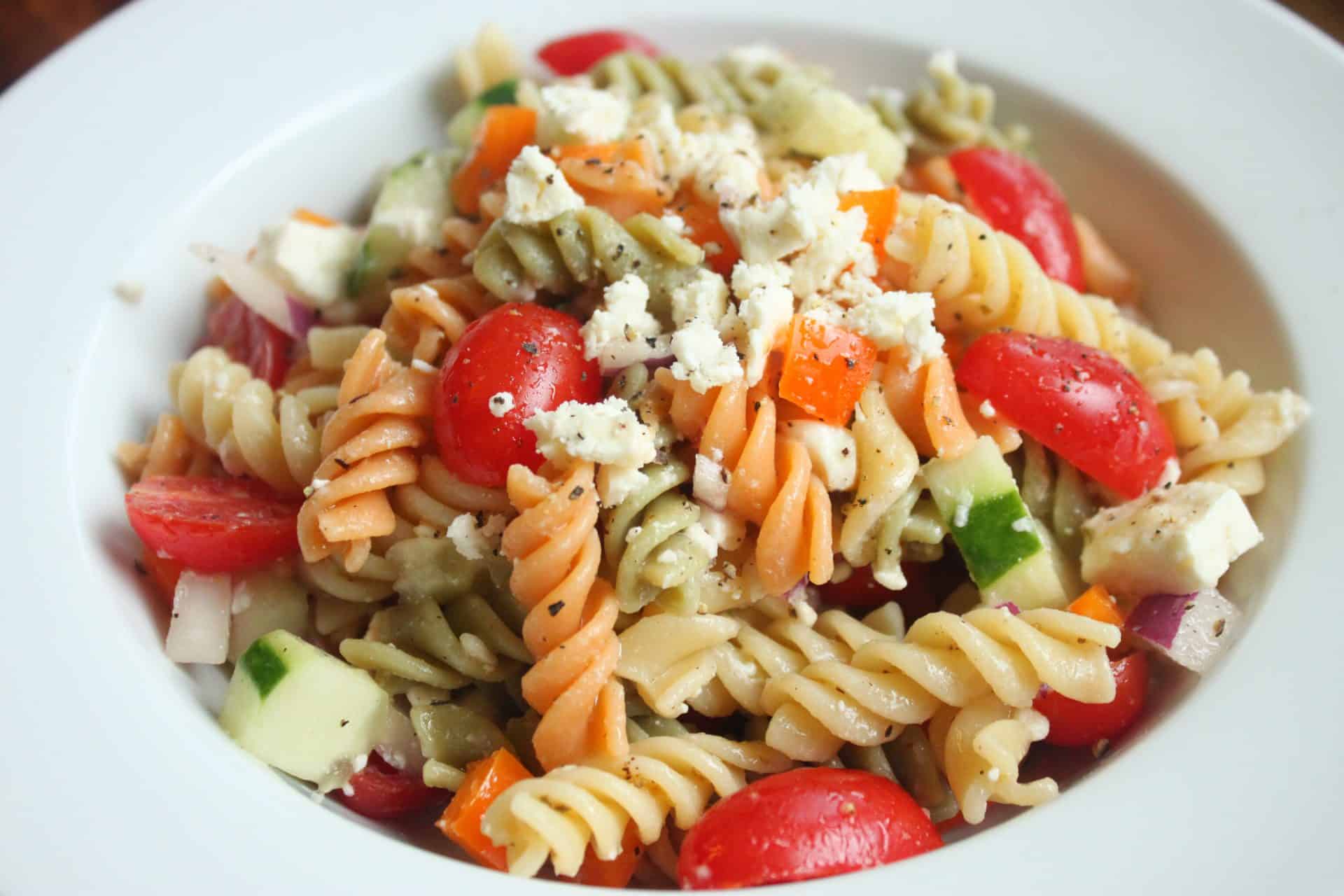Greek Paste Salad with Feta Cheese in Bowl