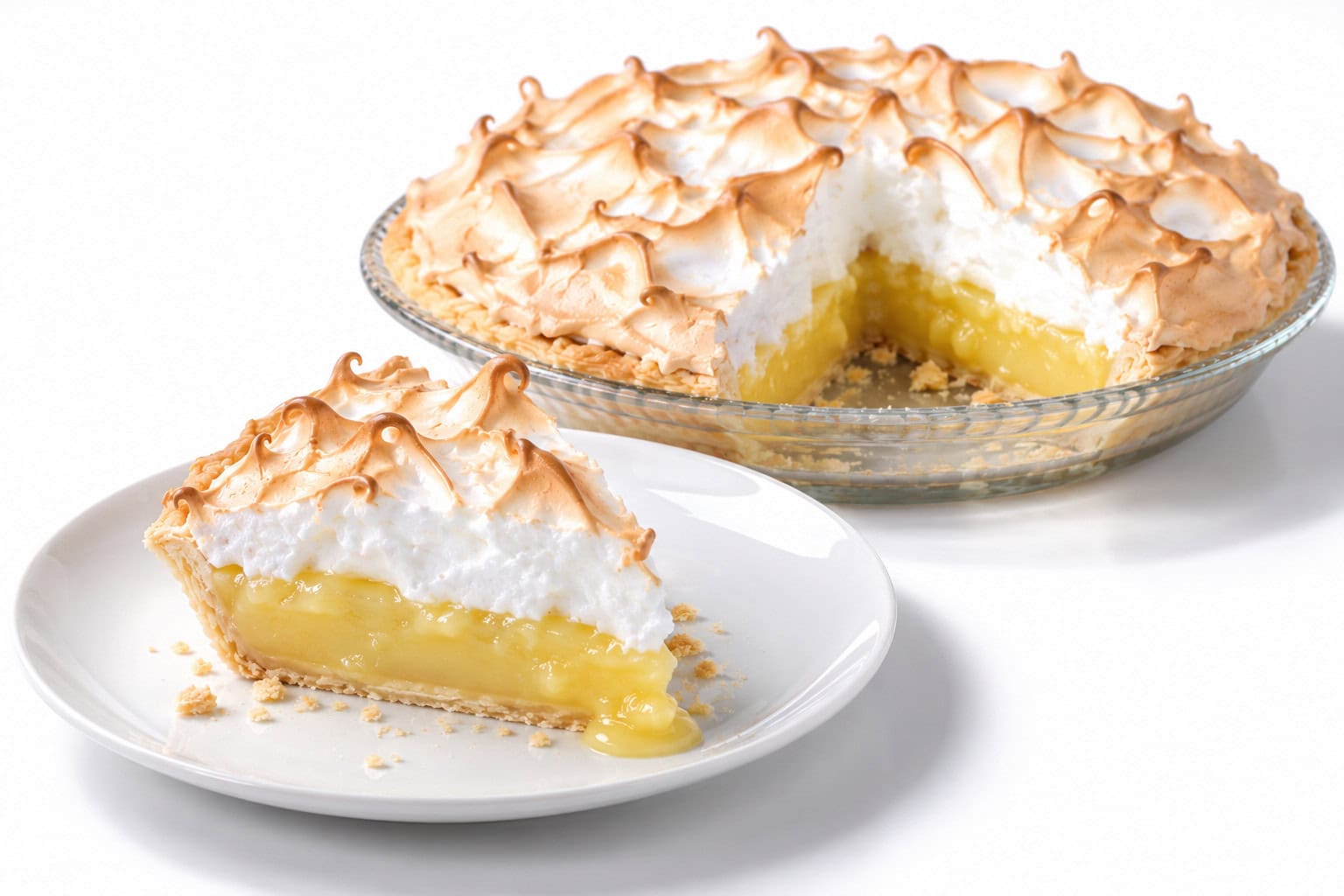 Slice of lemon meringue pie showing yellow lemon filling and meringue, with the pie missing one slice behind it.