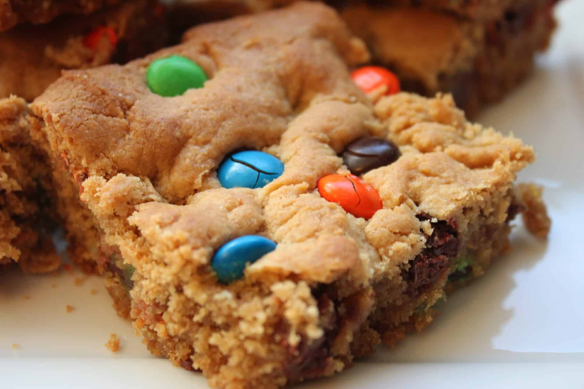 Irresistible M&M Peanut Butter Bars: 5 Simple Ingredients 14 Close Up View of M&M Peanut Butter Bars