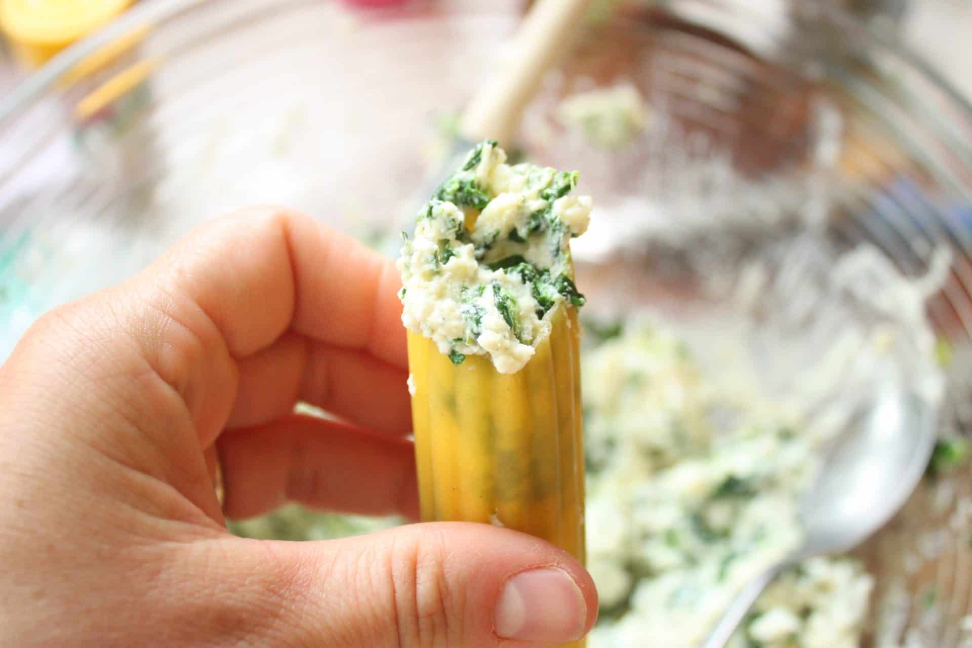 Freezer-Friendly Spinach Manicotti: A Comfort Meal for New Moms 5 Holding Manicotti Shells Stuffed with Spinach Filling