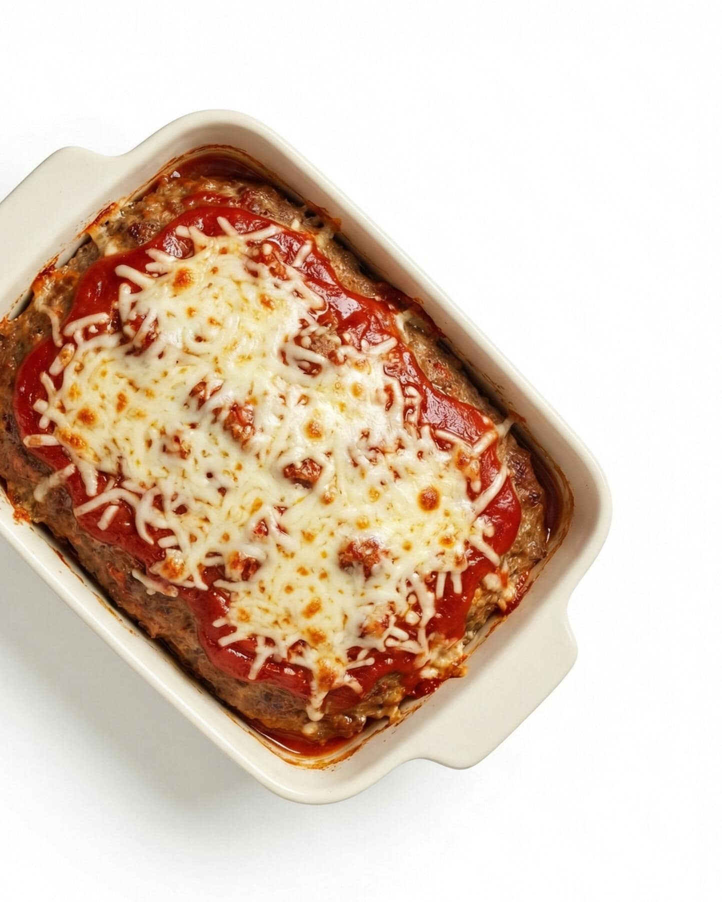 Baked meatloaf with melted mozzarella cheese and marinara sauce in white ceramic baking dish