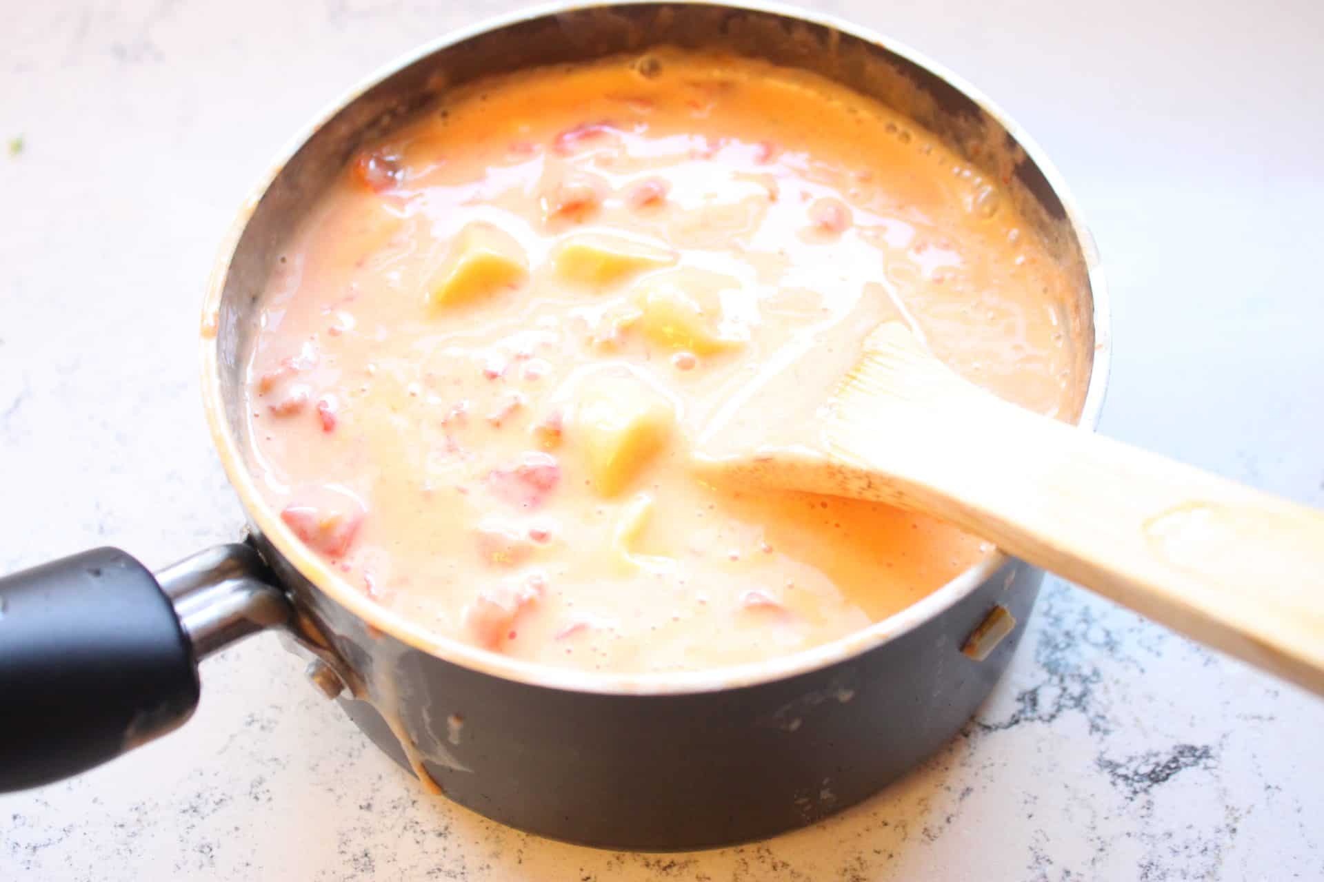 Melted Cheese and Tomotoes in a Pot for Queso