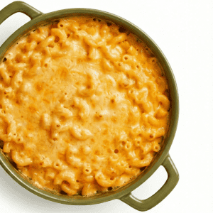 Creamy baked mac and cheese with golden brown crust in green ceramic Dutch oven pot with handles overhead view