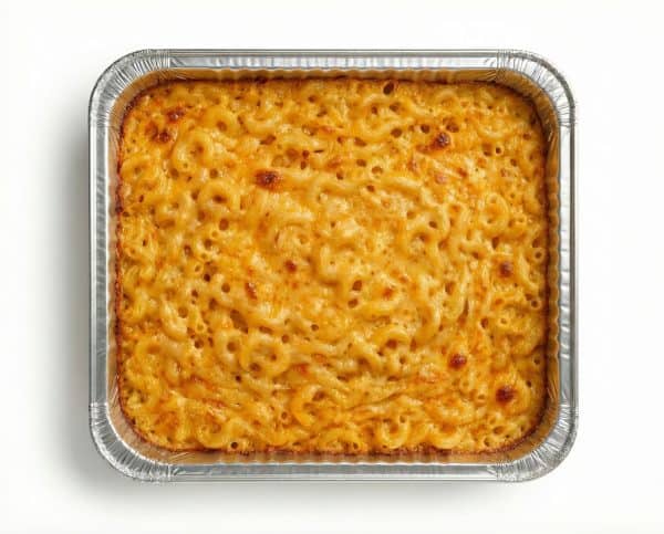 Mommas Mac and Cheese 2 Baked mac and cheese with golden brown crispy top and creamy elbow pasta in aluminum foil takeout container