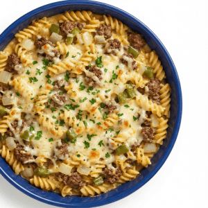 Philly cheesesteak pasta casserole with ground beef, melted provolone, peppers, and onions in blue ceramic dish