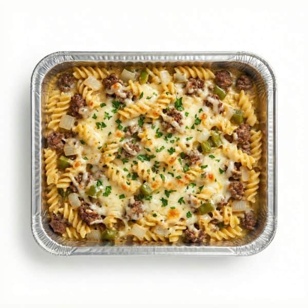 Philly cheesesteak pasta casserole with ground beef, melted cheese, green peppers, onions, and parsley in aluminum pan