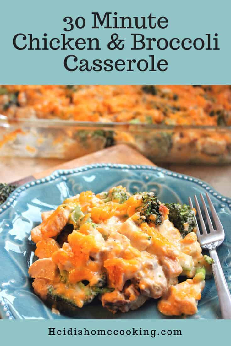 Delicious 30-Minute Chicken and Broccoli Casserole for Busy Nights 9 A serving of 30 minute chicken and broccoli casserole on a blue plate with a casserole dish in the background, perfect for Pinterest sharing.