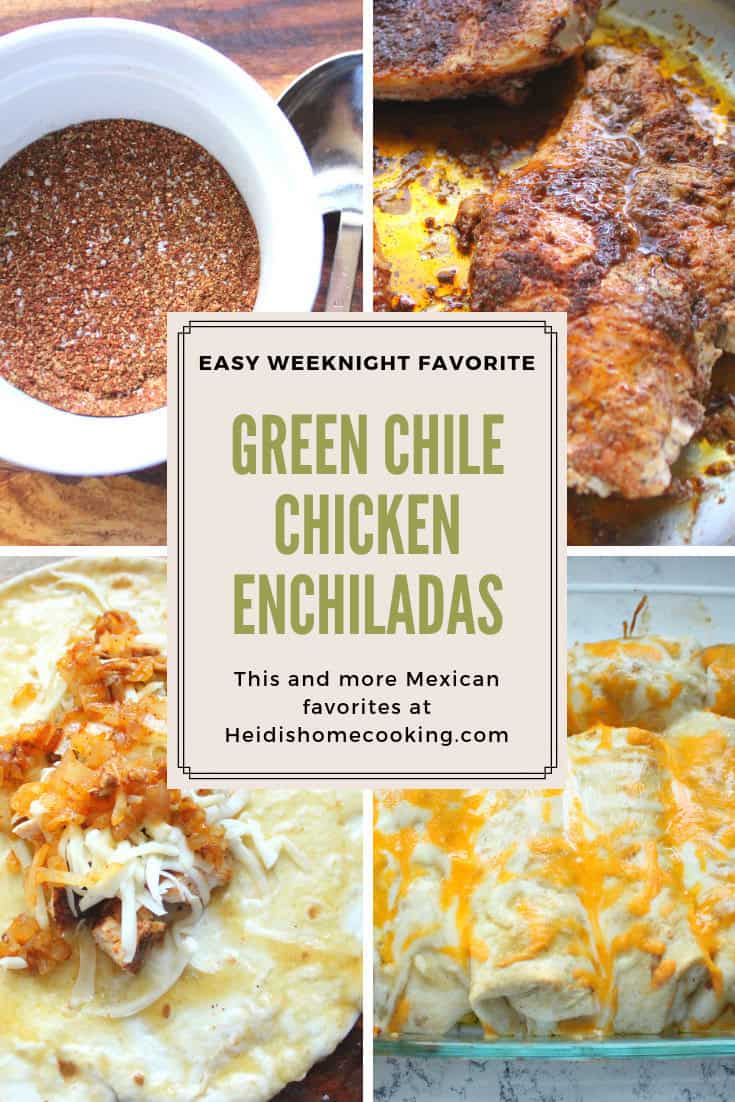 How to Make Flavor-Packed Green Chile Chicken Enchiladas at Home 14 A collage of spices, cooked chicken, and a baked dish labeled “Green Chile Chicken Enchiladas,” highlighting homemade Mexican comfort food.