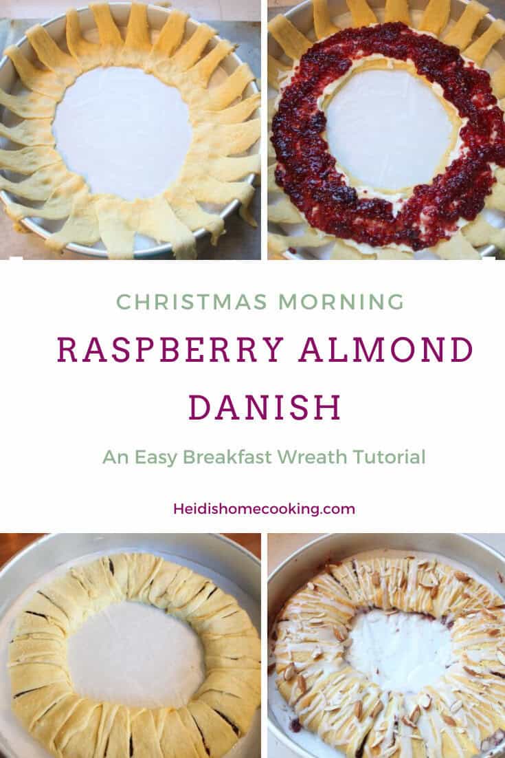 Raspberry Almond Danish: A Festive Breakfast Treat 14 Split-screen showing two stages of making raspberry almond Danish with crescent dough shaped in a circle and jam spread on top.