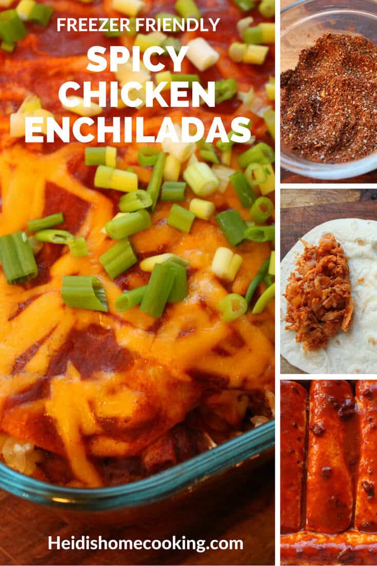 A Pinterest pin featuring freezer-friendly spicy chicken enchiladas, topped with melted cheese and green onions, perfect for sharing with friends.