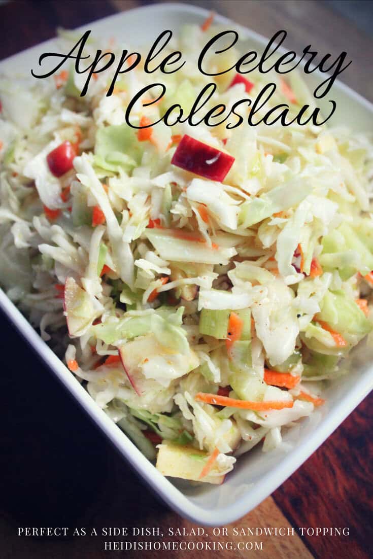 This Crisp Sweet Apple Celery Coleslaw is A Southern Favorite 7 A close-up of a bowl filled with Sweet Apple Celery Coleslaw, showing crisp cabbage, celery, and juicy red apple slices.