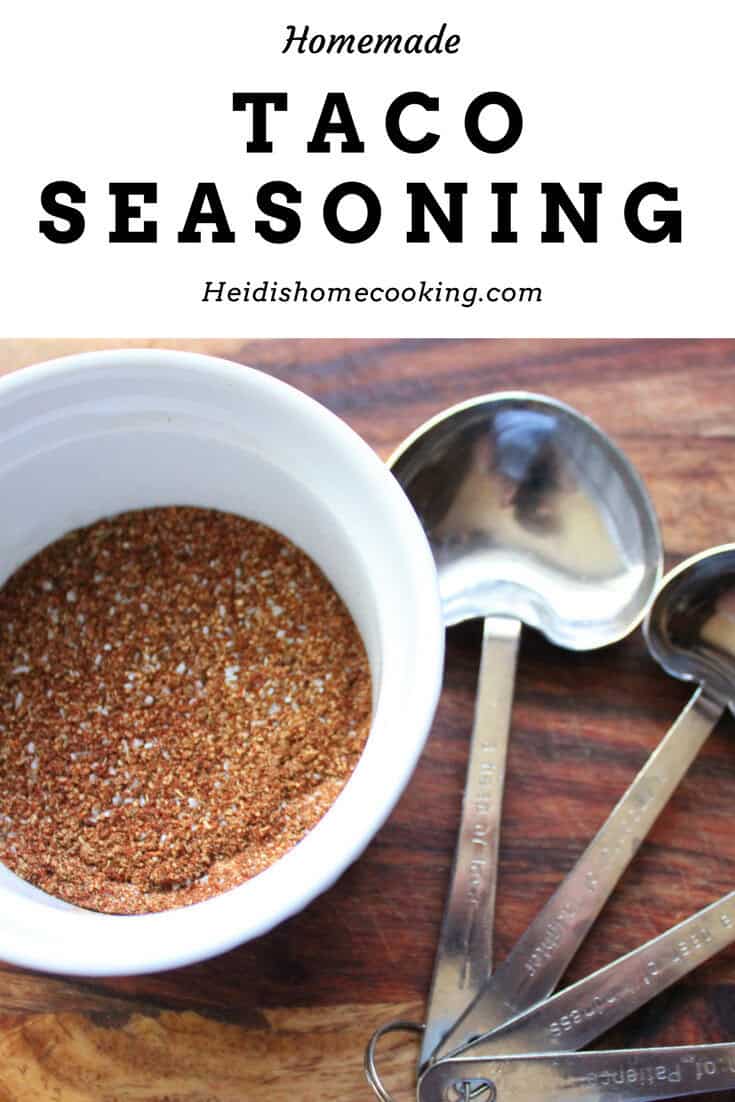 A Pinterest pin featuring homemade taco seasoning, including a bowl of spice mix and silver measuring spoons, perfect for meal prep ideas.