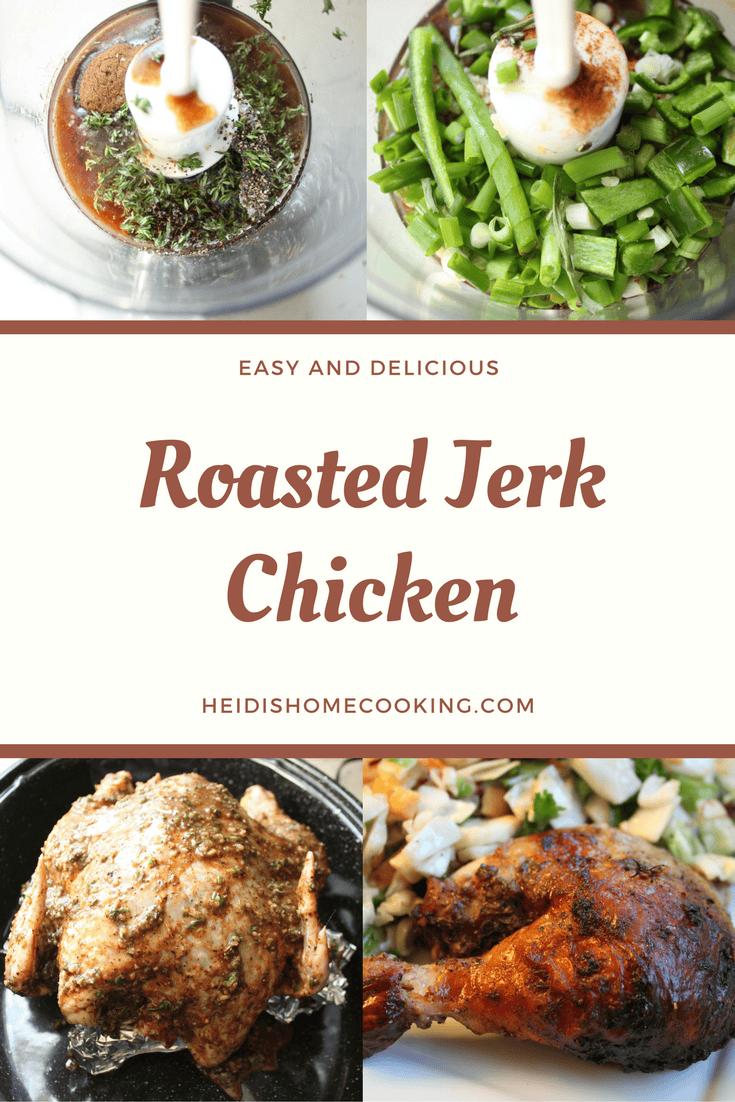 Pin image for Easy Roasted Jerk Chicken featuring the dish’s name with photos of ingredients like herbs and spices.