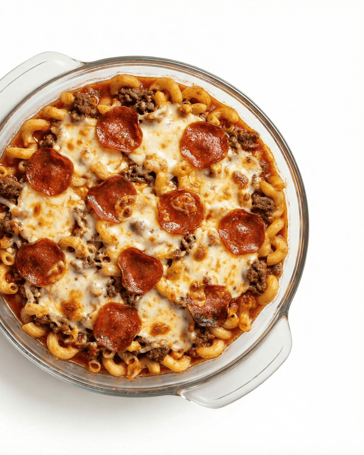 Pizza pasta bake with pepperoni, ground beef, melted mozzarella cheese, and elbow macaroni in clear glass baking dish