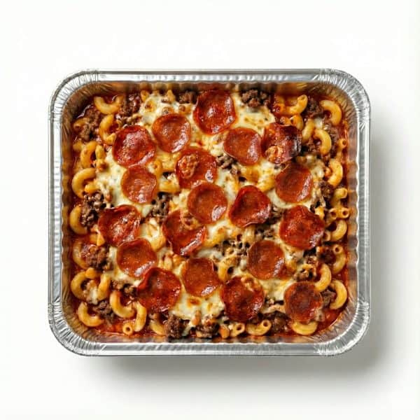 Pizza Pasta Bake 2 Pizza pasta bake with pepperoni, ground beef, melted mozzarella, and macaroni in aluminum foil takeout container