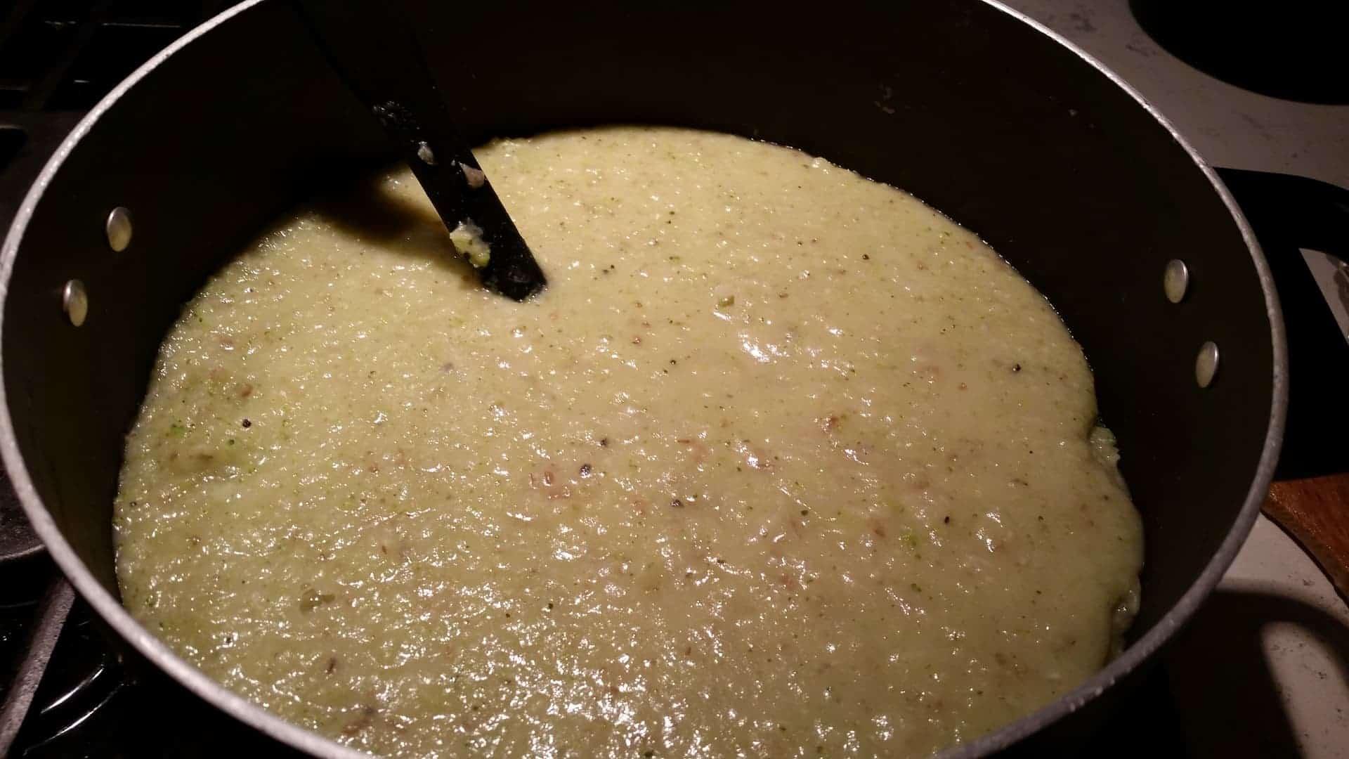 Blended Soup Mixture in a Black Stock Pot