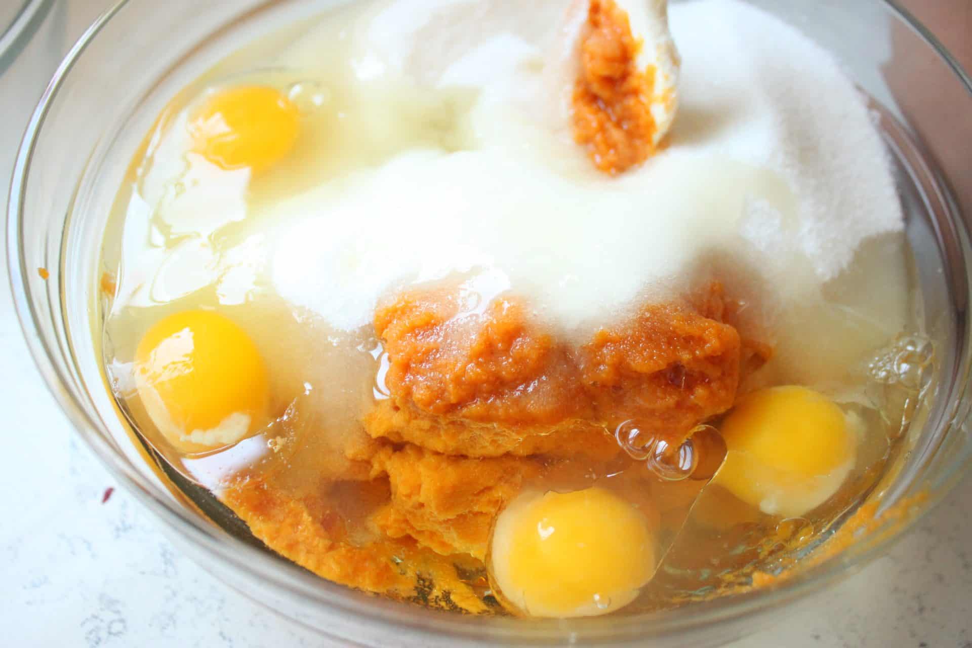 Pumpkin Filling, Eggs, Sugar, Oil in a Large Glass Bowl