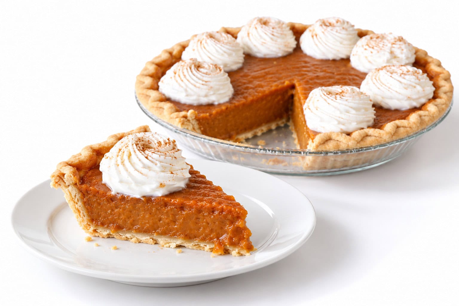 Slice of pumpkin pie on a white plate with the partially sliced whole pumpkin pie behind it.