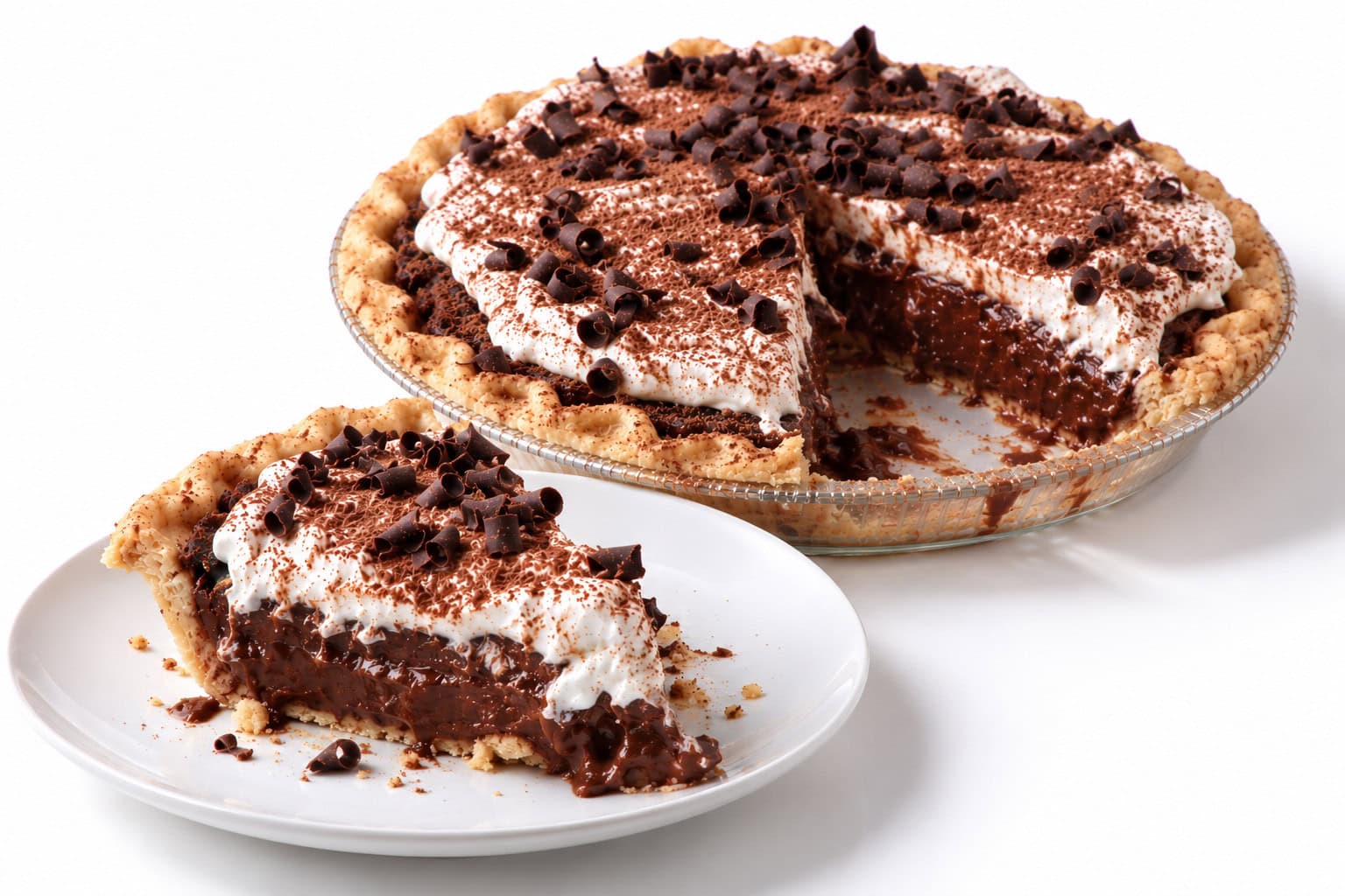 Slice of chocolate cream pie on a white plate with creamy chocolate filling and the remaining pie behind it.