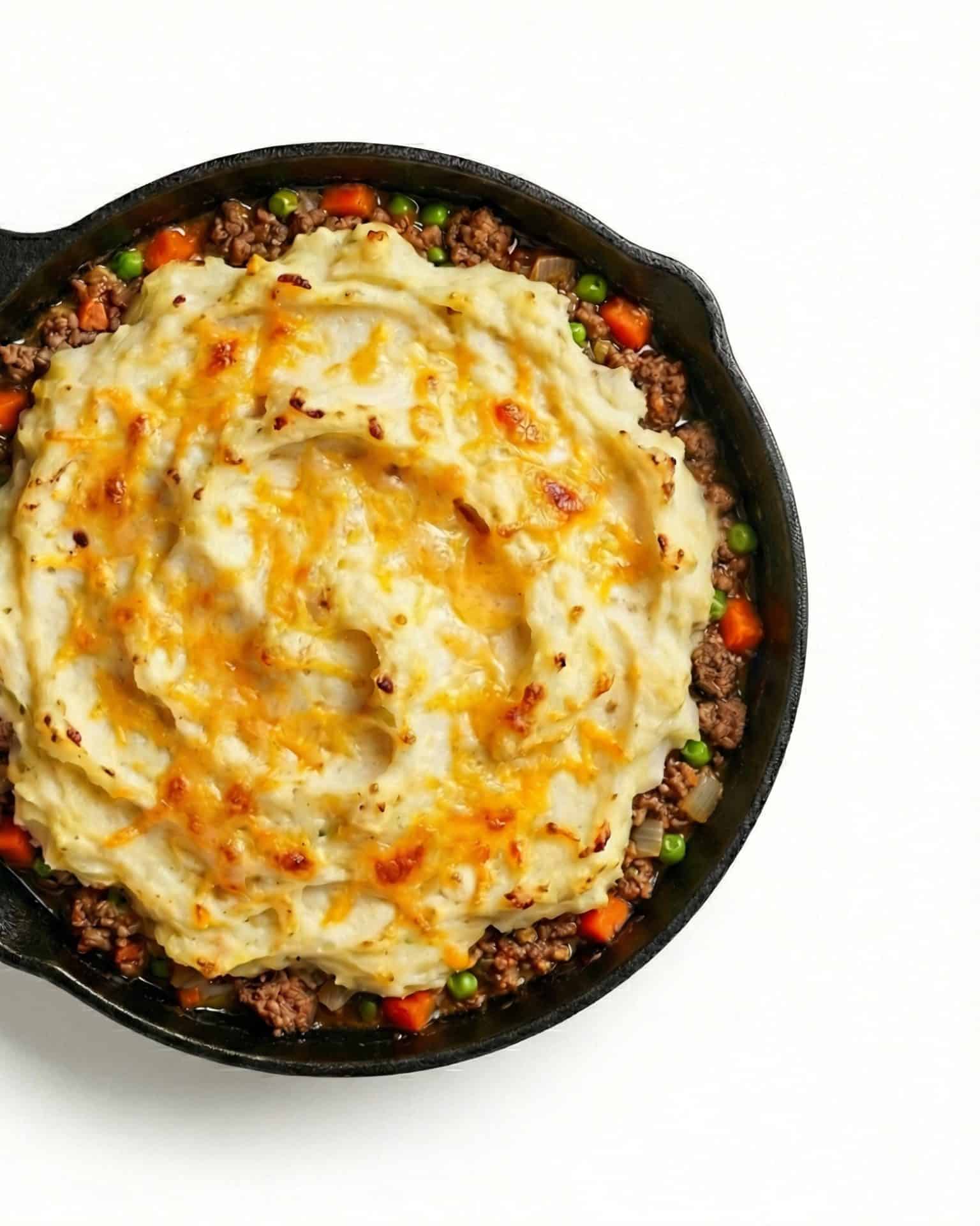 Shepherd’s pie in a cast iron skillet with mashed potatoes, melted cheese, ground beef, peas, and carrots