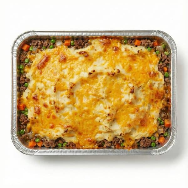 Shepherd's Pie 2 Shepherd’s pie in a foil pan with ground beef, peas, carrots, mashed potatoes, and melted cheddar cheese