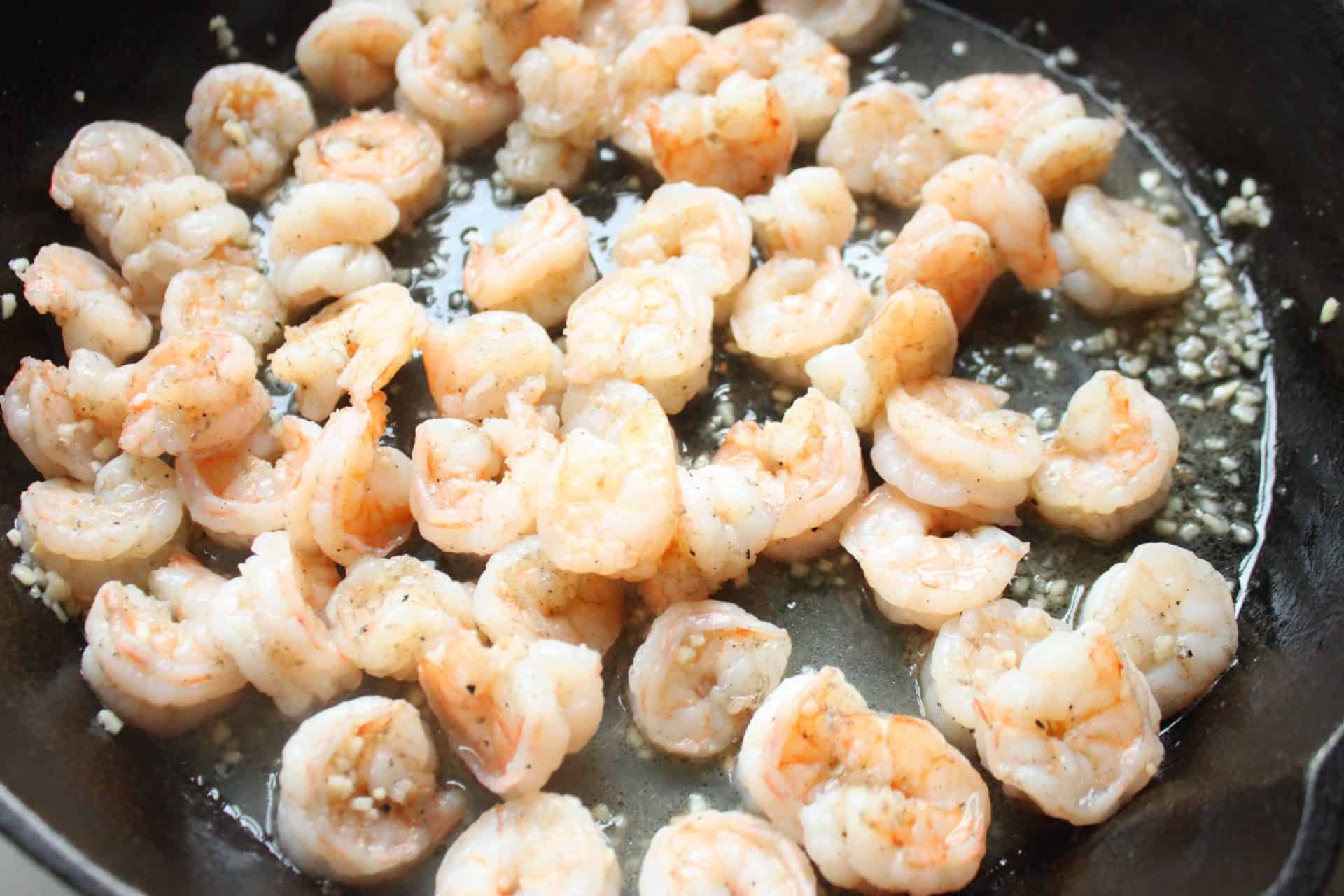Shrimp Cooking in Cast Iron Skillet