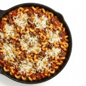 Spaghetti Pasta Bake with ground beef, elbow macaroni, melted mozzarella, and marinara sauce in black cast iron skillet