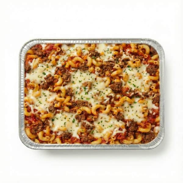 Baked spaghetti pasta bake casserole with ground beef, melted mozzarella, marinara sauce, and parsley in aluminum takeout container