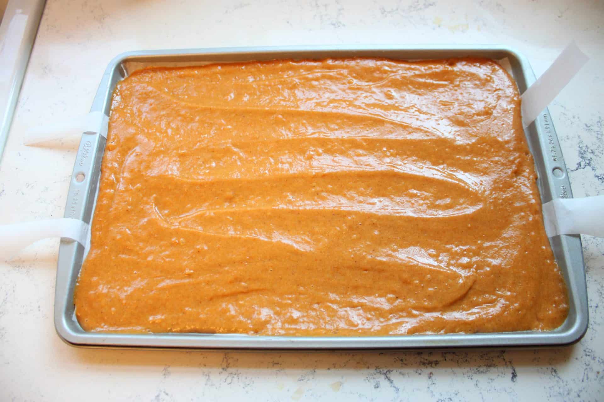 Spread Pumpkin Roll Filling into Pan