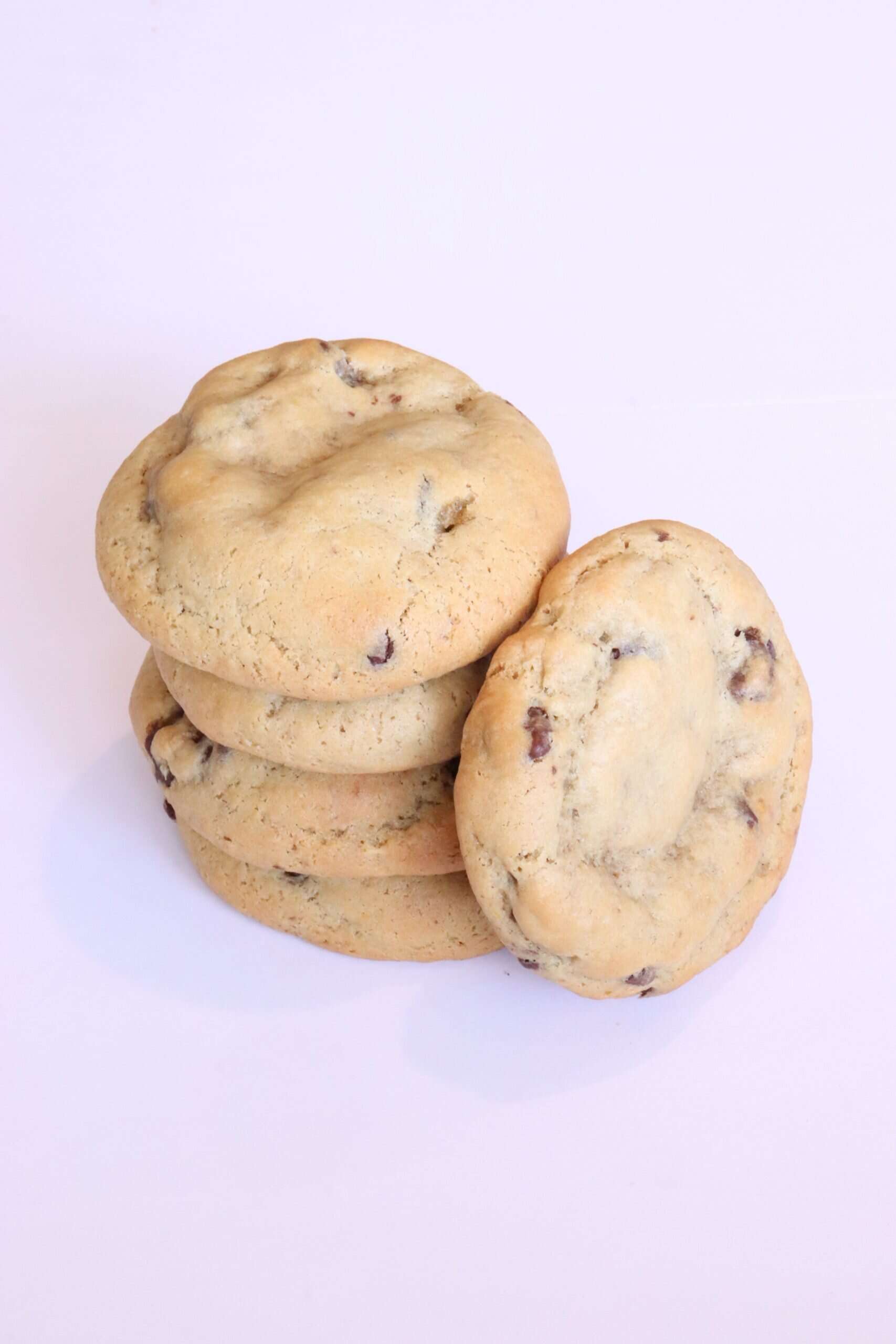 Chocolate Chip Cookies 1 A stack of classic chocolate chip cookies with a golden-brown color and visible chocolate chips, showcasing their soft and chewy texture.