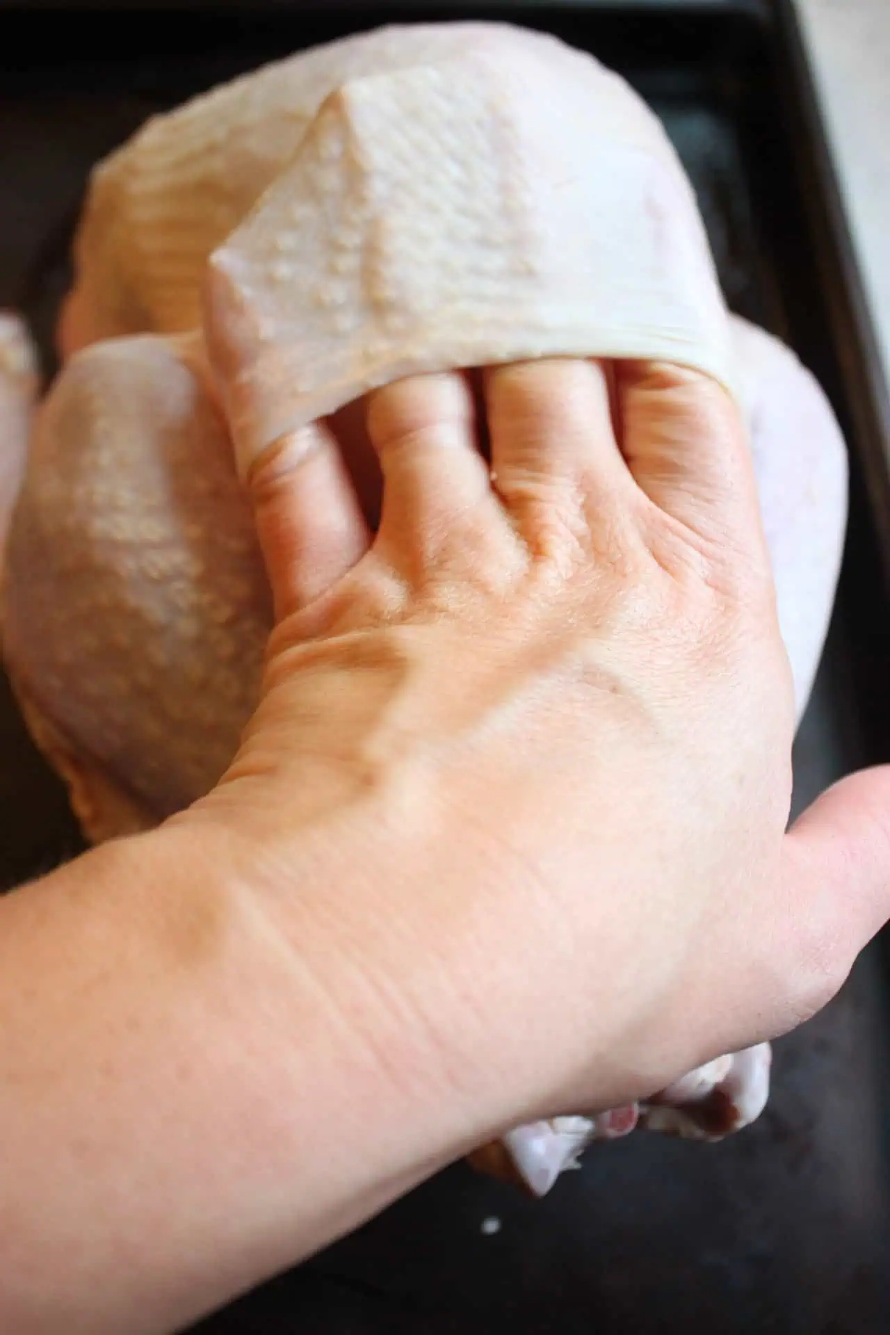 Foolproof 3-Step Tuscan-Style Roasted Turkey for the Holidays 8 Hands gently separating skin from the meat of Tuscan-style roasted turkey to add flavorful herbed butter mixture.