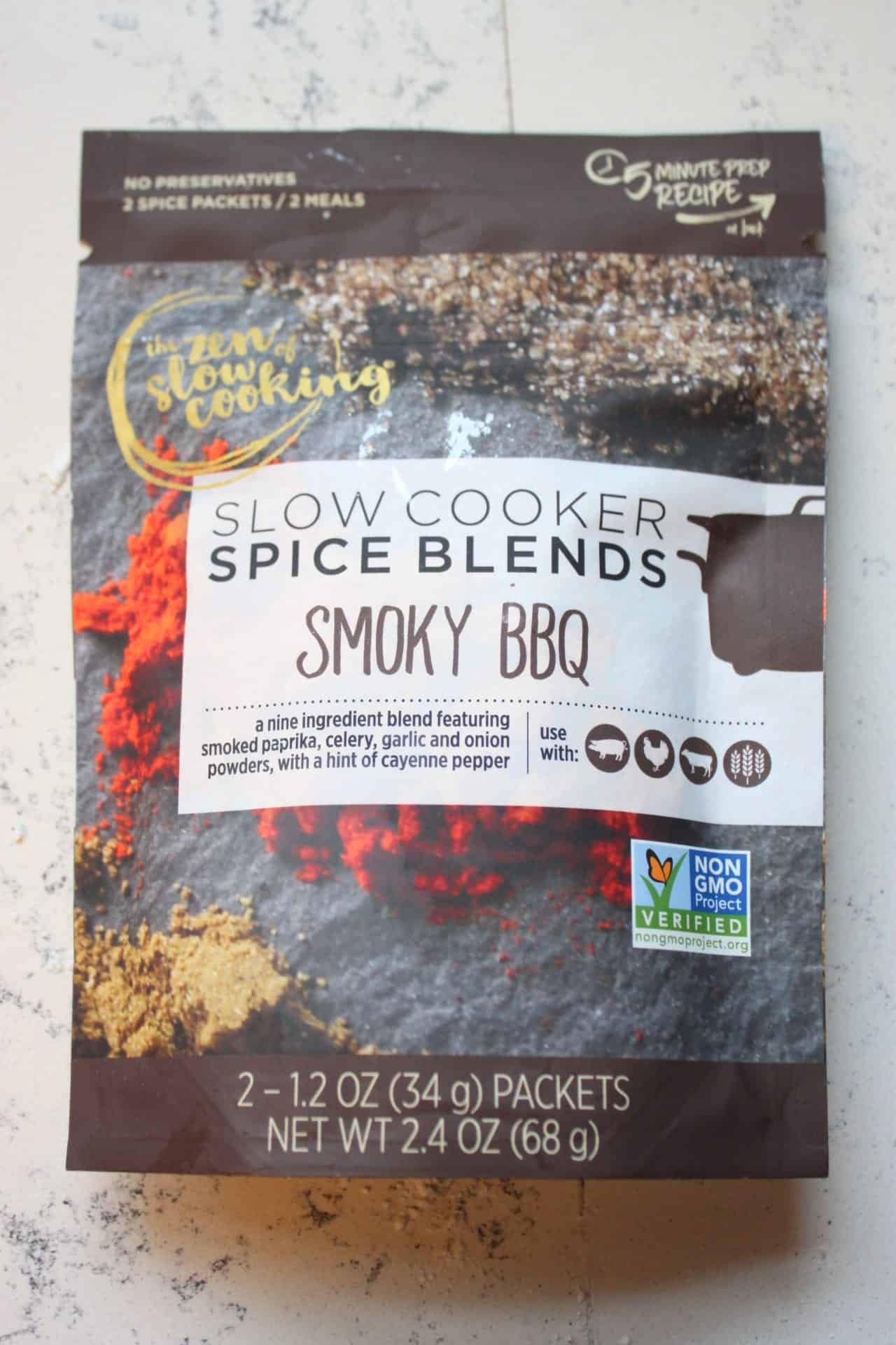 Crockpot BBQ Chicken Tacos with a Smoky Slow Cooker Blend 1 A close-up of the Zen of Slow Cooking Smoky BBQ spice packet used to season the chicken in the Crockpot BBQ Chicken Tacos recipe.